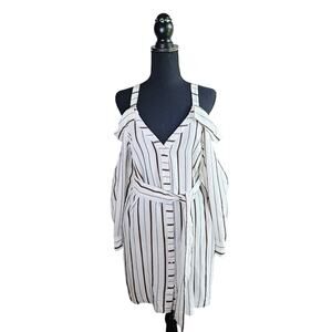 Lush Button Down Shirt Dress V Neck Cold Shoulder Size Medium Tie Waist Academia